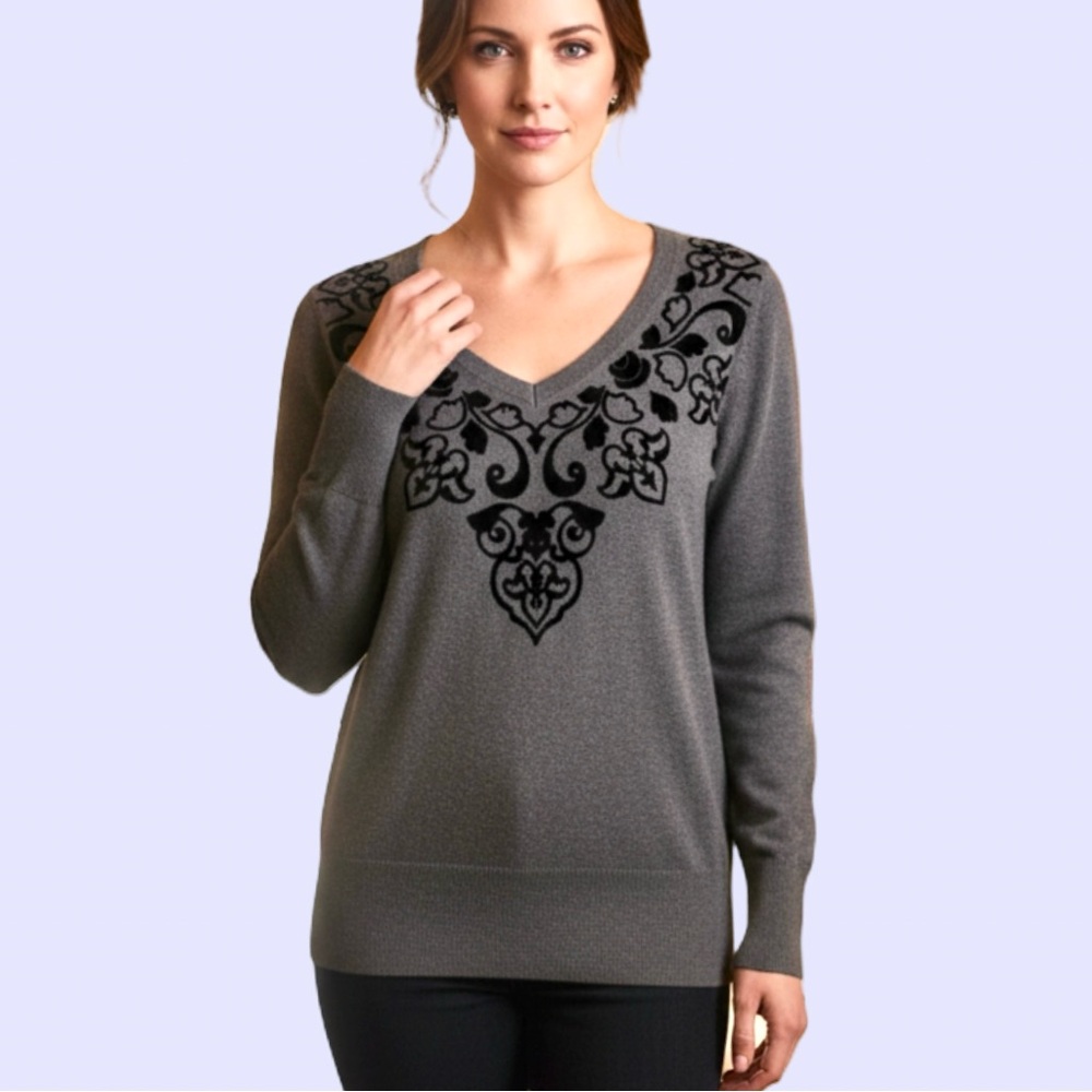 Tommy Hilfiger V-Neck Gray Sweater with Black Velvet Detailing